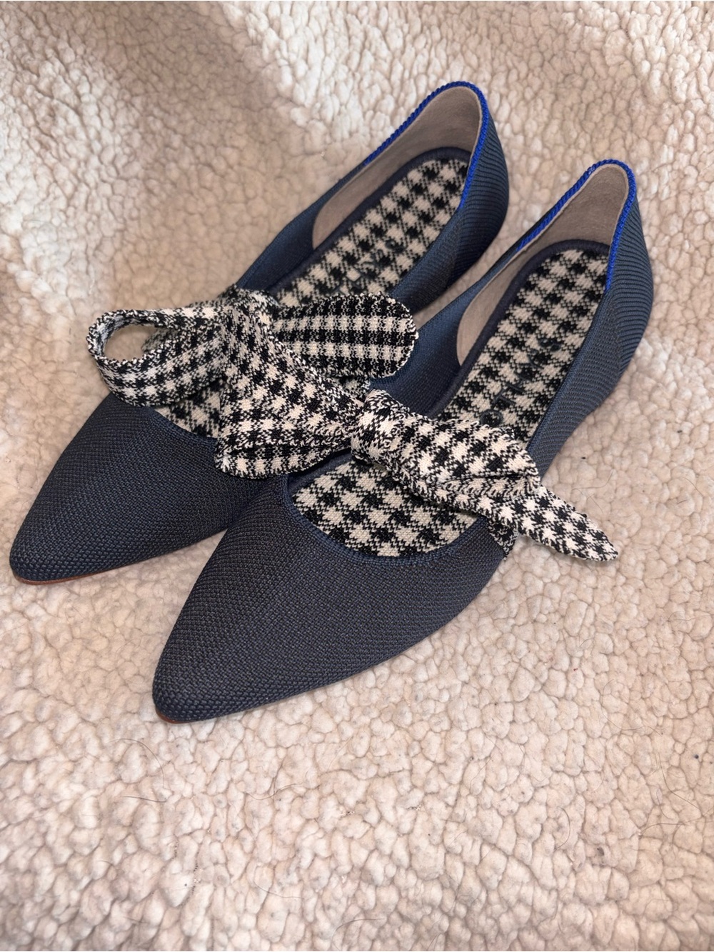 Rothy’s The Point Mary Jane Navy Houndstooth Bow Flats Size 8 US